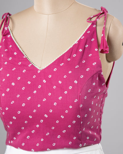 Pink Bandhani Pearl Lace Work Tie Up Cotton Blouse