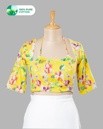 Supreme Comfort Yellow Floral Tie Up Neck Cotton Blouse