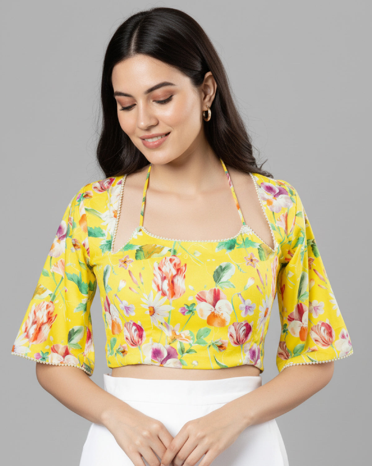 Supreme Comfort Yellow Floral Tie Up Neck Cotton Blouse