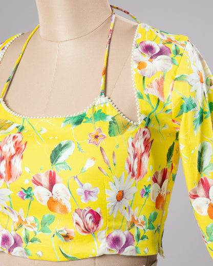 Supreme Comfort Yellow Floral Tie Up Neck Cotton Blouse