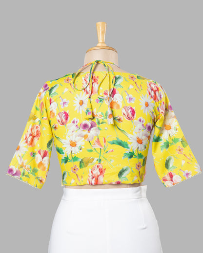 Supreme Comfort Yellow Floral Tie Up Neck Cotton Blouse