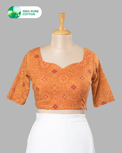 Sweet Heart Neck Bandhani Cotton Mulmul Blouse With Lace Work