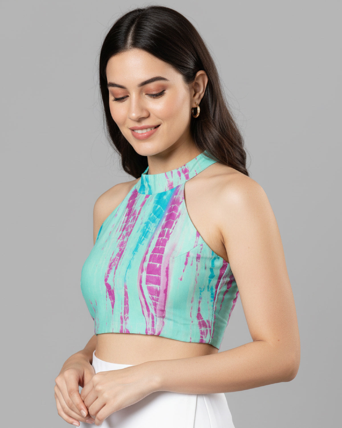 Halter Neck Shibori Sky Blue Sleevless Blouse