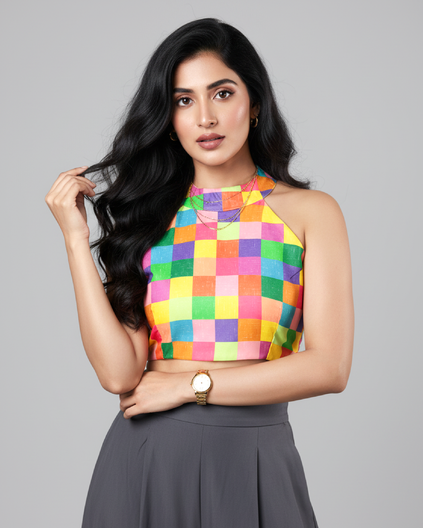Funky Check Halter Blouse - Gen-Z Party Essential