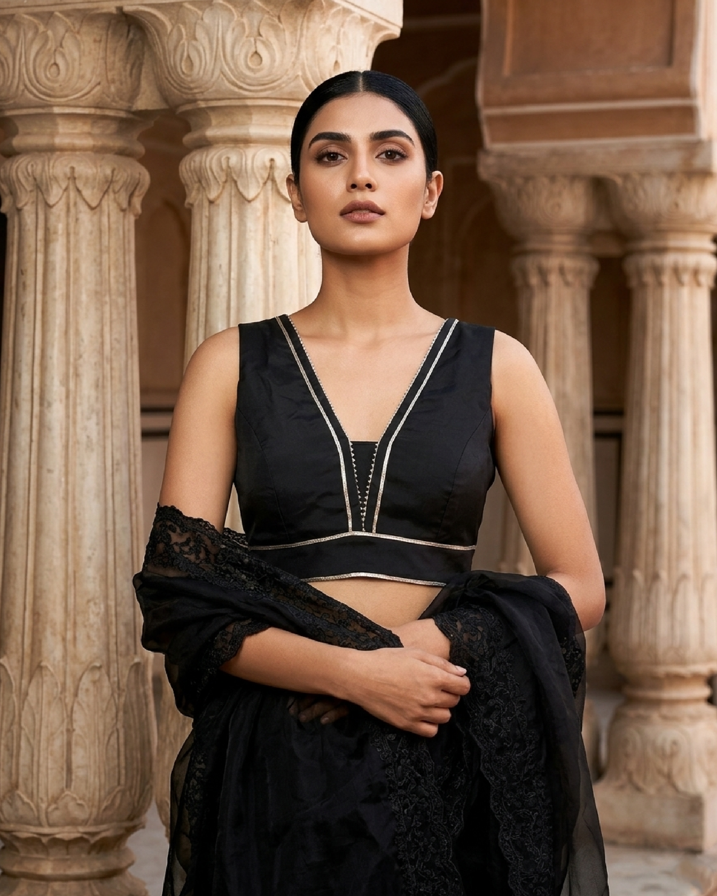 Midnight Edge V-Cut Blouse - Bold Lines, Luxe Finish