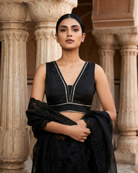 Midnight Edge V-Cut Blouse - Bold Lines, Luxe Finish