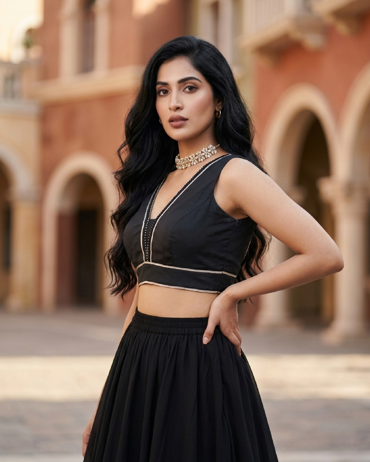 Midnight Edge V-Cut Blouse - Bold Lines, Luxe Finish