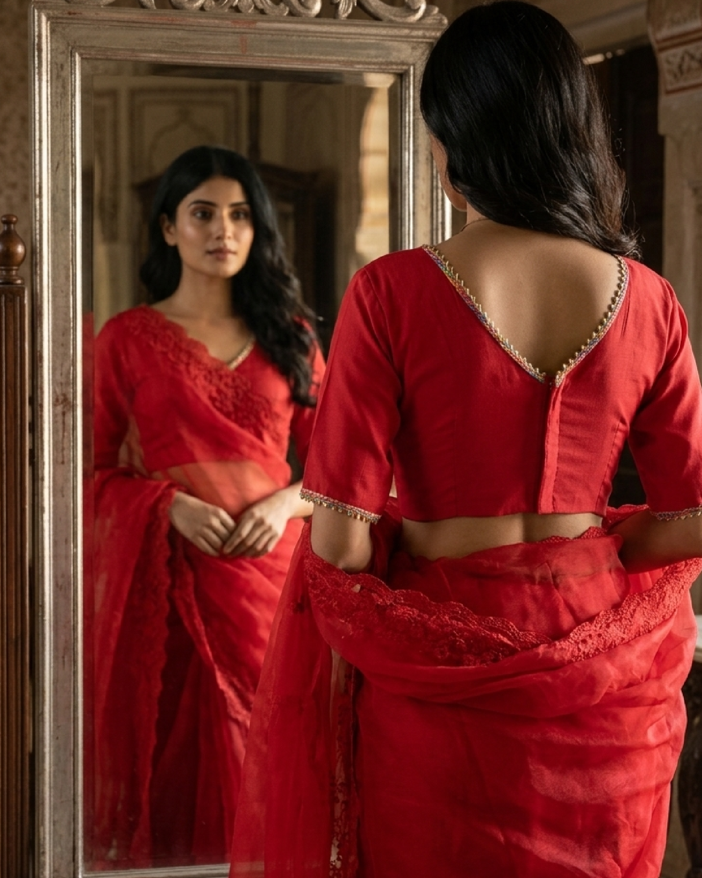 Ruby Glow Festive Blouse - Statement Border, Classic Glam