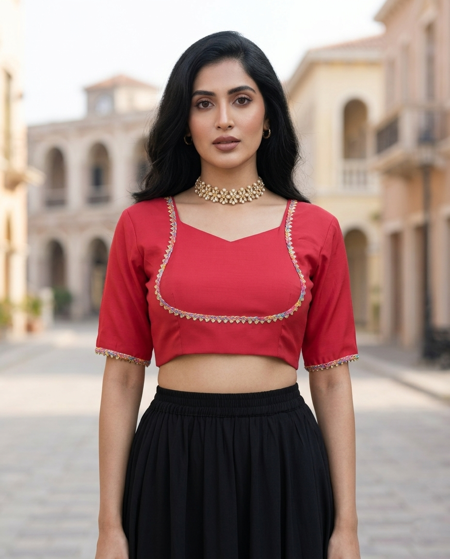Ruby Glow Festive Blouse - Statement Border, Classic Glam