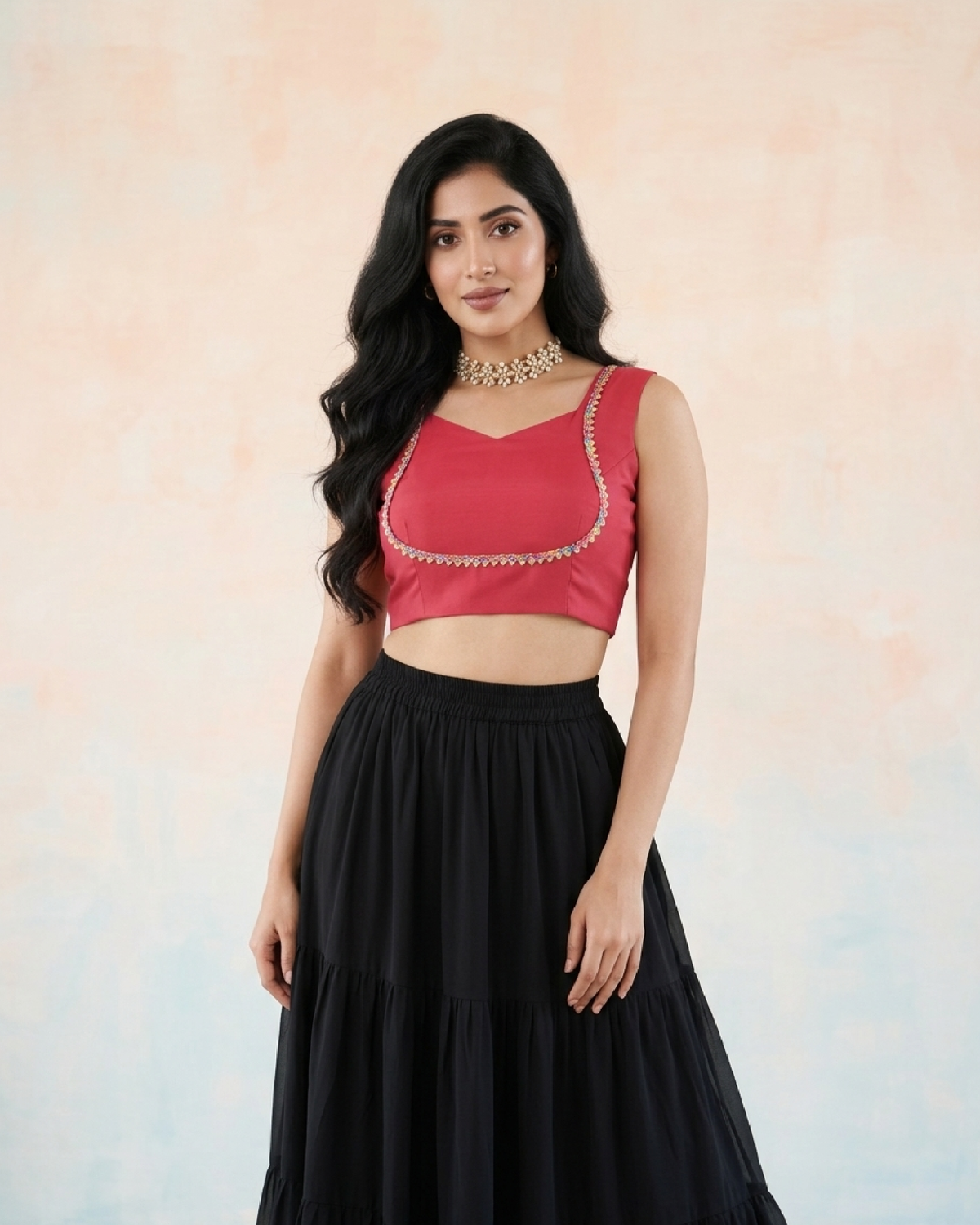 Ruby Glow Festive Blouse - Statement Border, Classic Glam