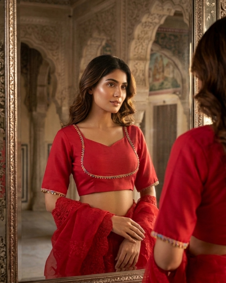 Ruby Glow Festive Blouse - Statement Border, Classic Glam