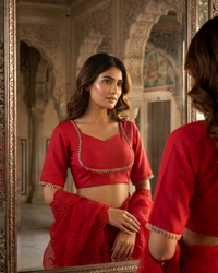 Ruby Glow Festive Blouse - Statement Border, Classic Glam