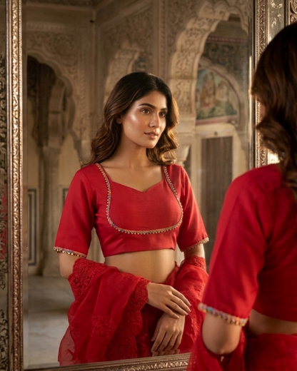 Ruby Glow Festive Blouse - Statement Border, Classic Glam