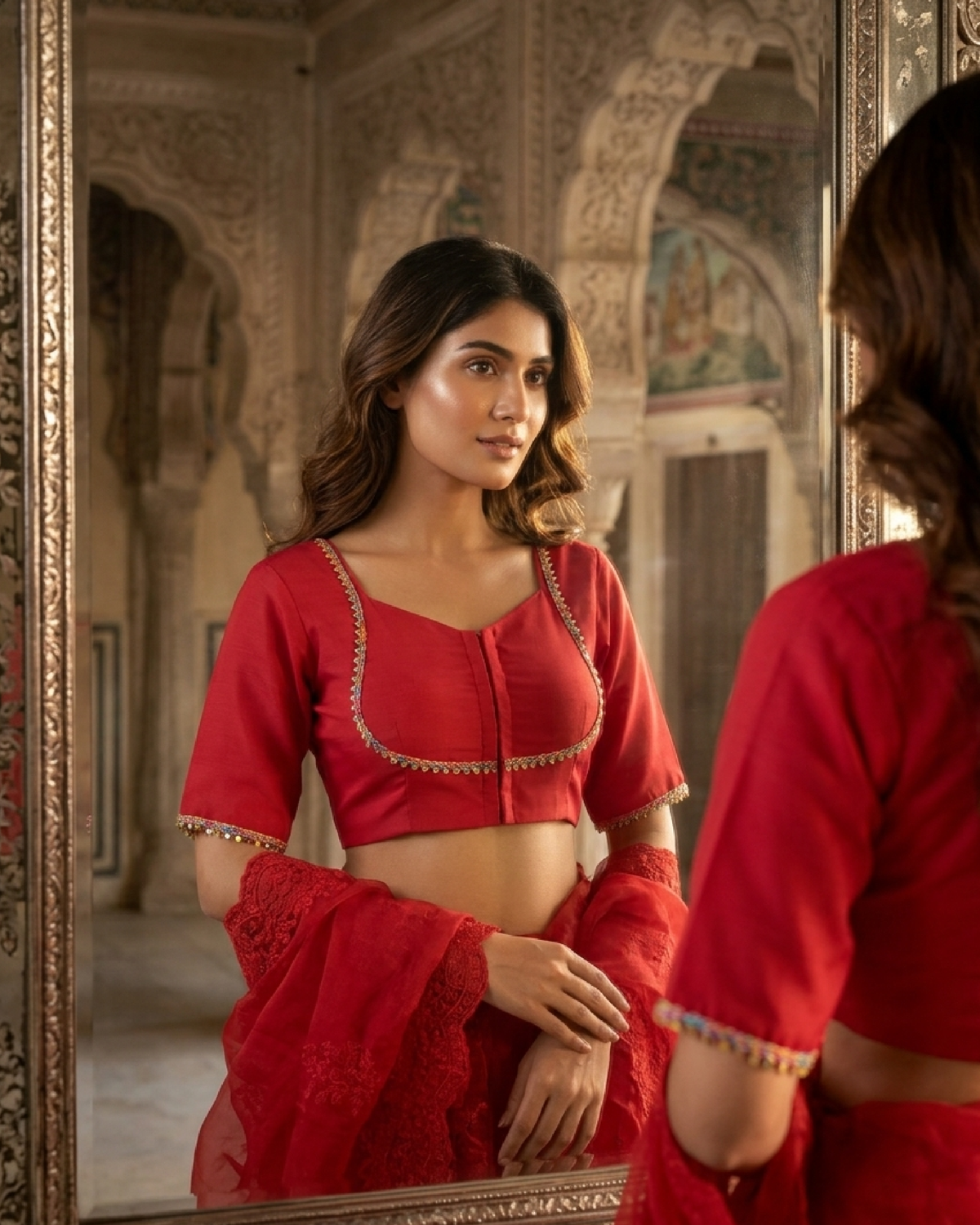 Ruby Glow Festive Blouse - Statement Border, Classic Glam
