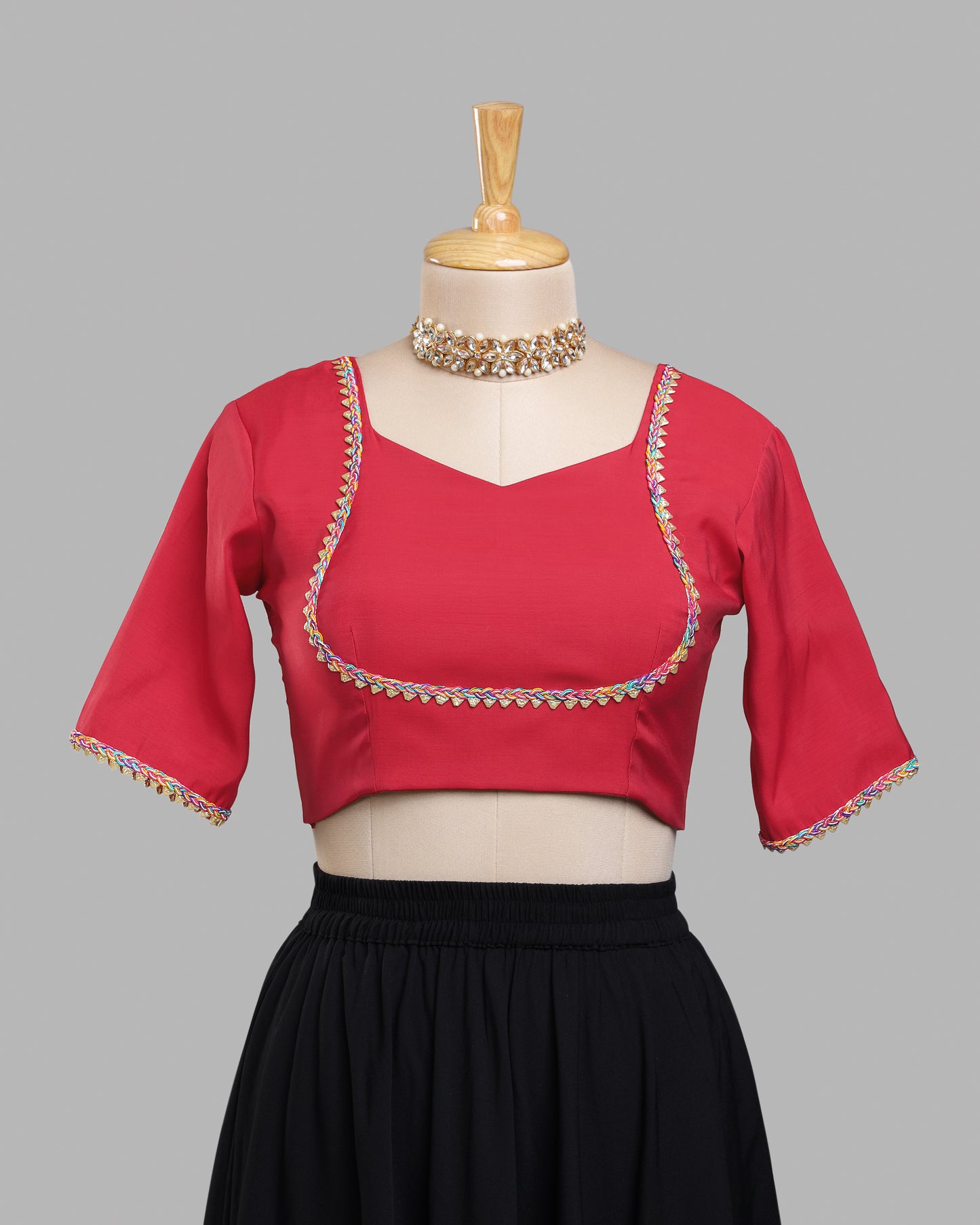 Ruby Glow Festive Blouse - Statement Border, Classic Glam
