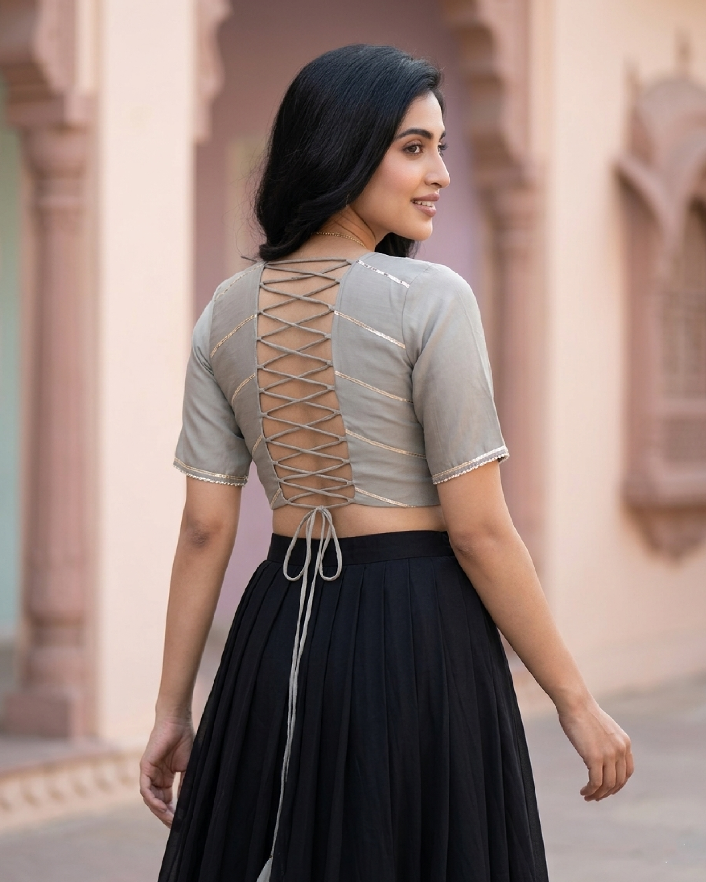 Sage Lace-Up Blouse - Corset Back, Sculpted Silhouette