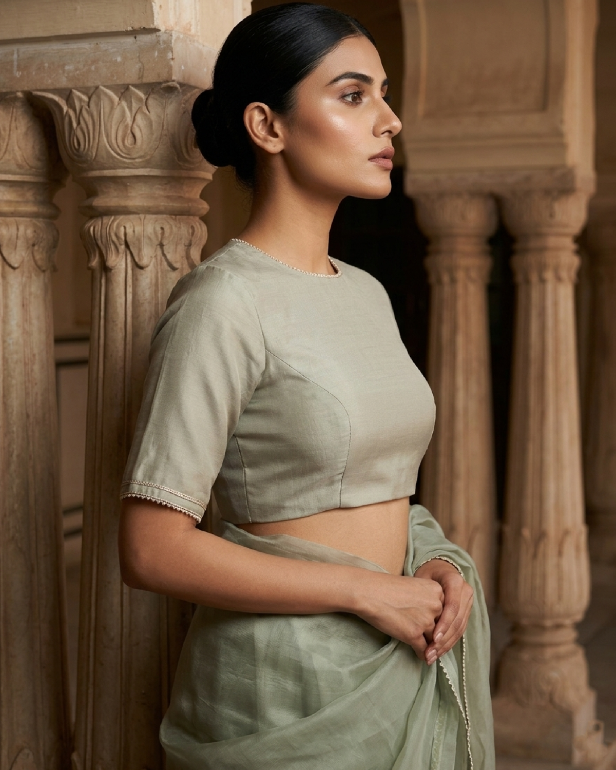 Sage Lace-Up Blouse - Corset Back, Sculpted Silhouette