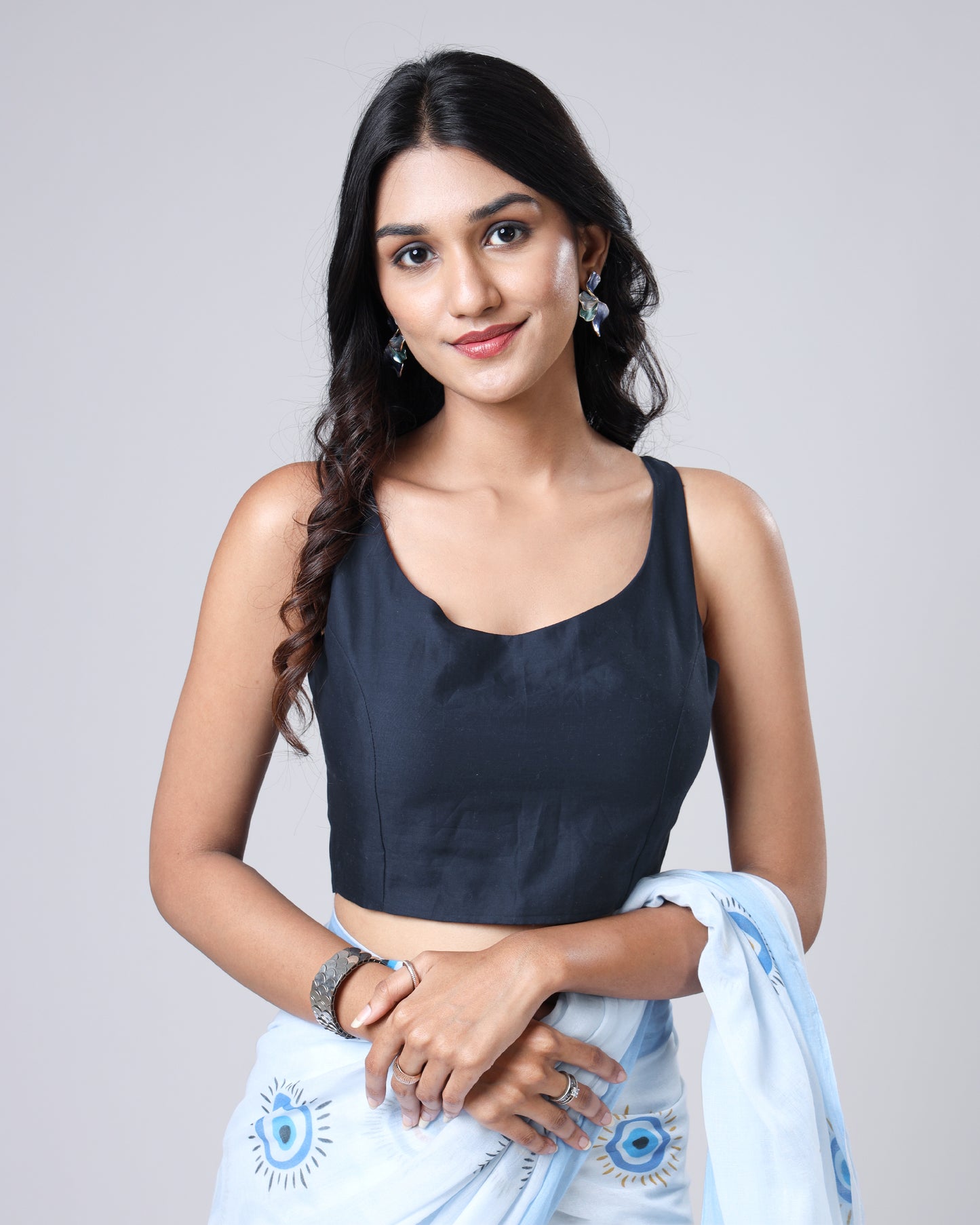 Classic Plain Navy Blue Cotton Round Neck Blouse