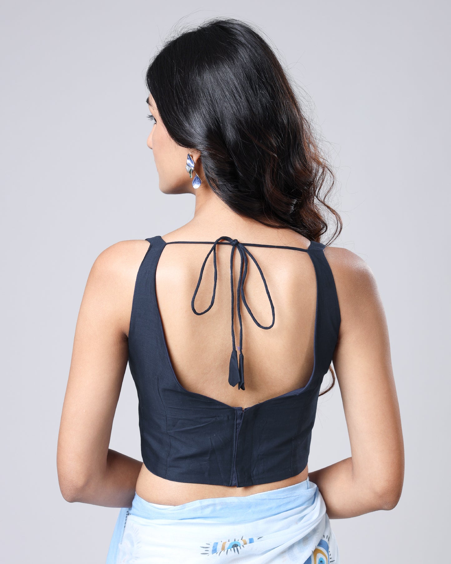 Classic Plain Navy Blue Cotton Round Neck Blouse