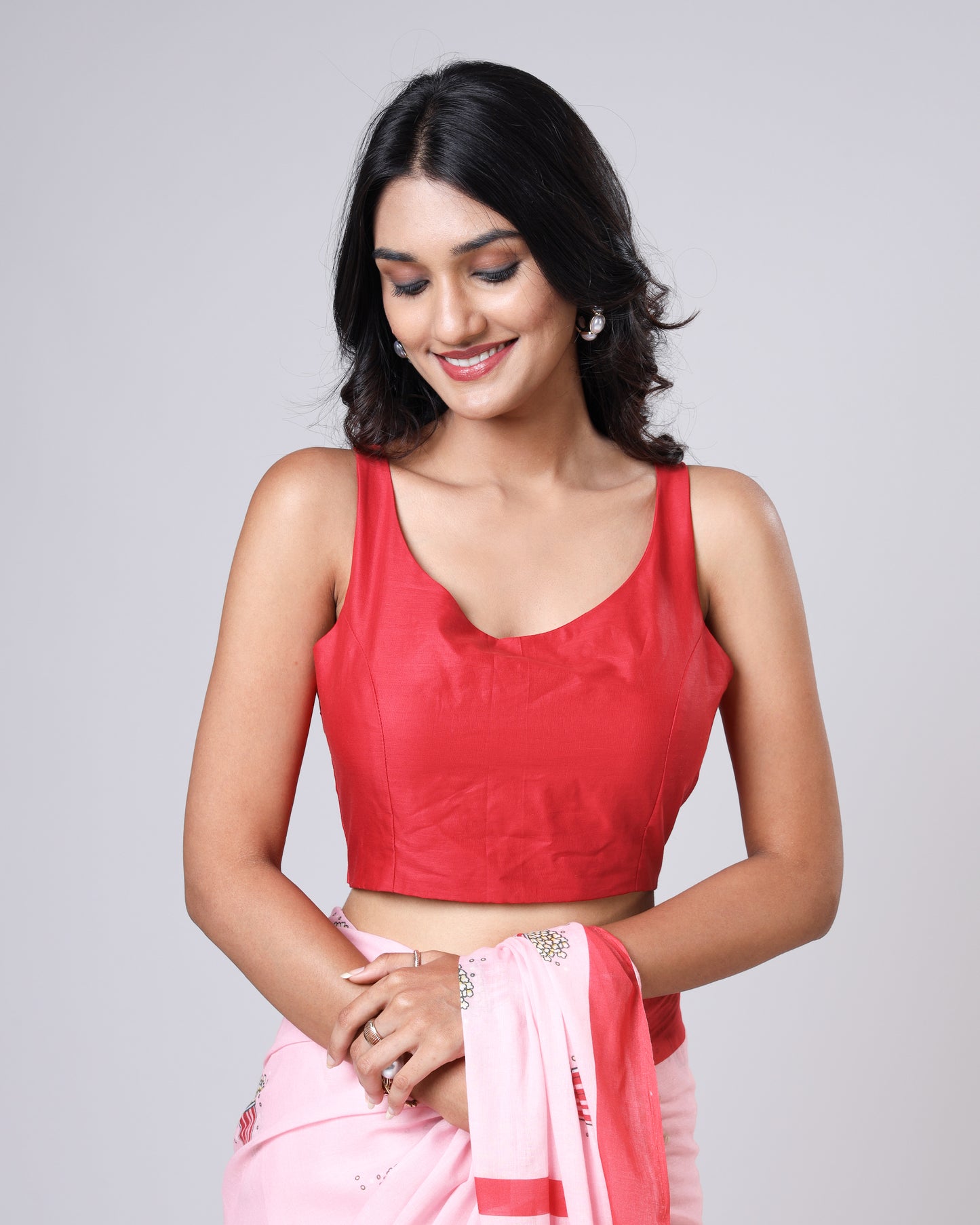 Classic Plain Red Cotton Round Neck Blouse