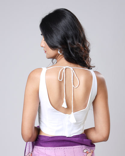 Classic Plain White Cotton Round Neck Blouse