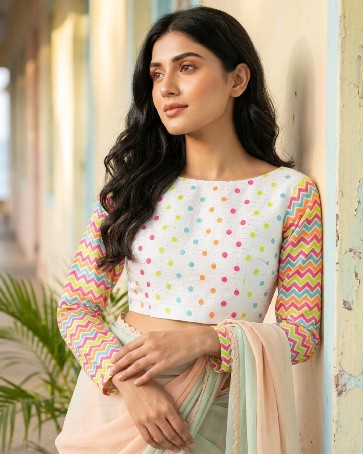 Polka Dota Chevron Sequins Embroidery Blouse
