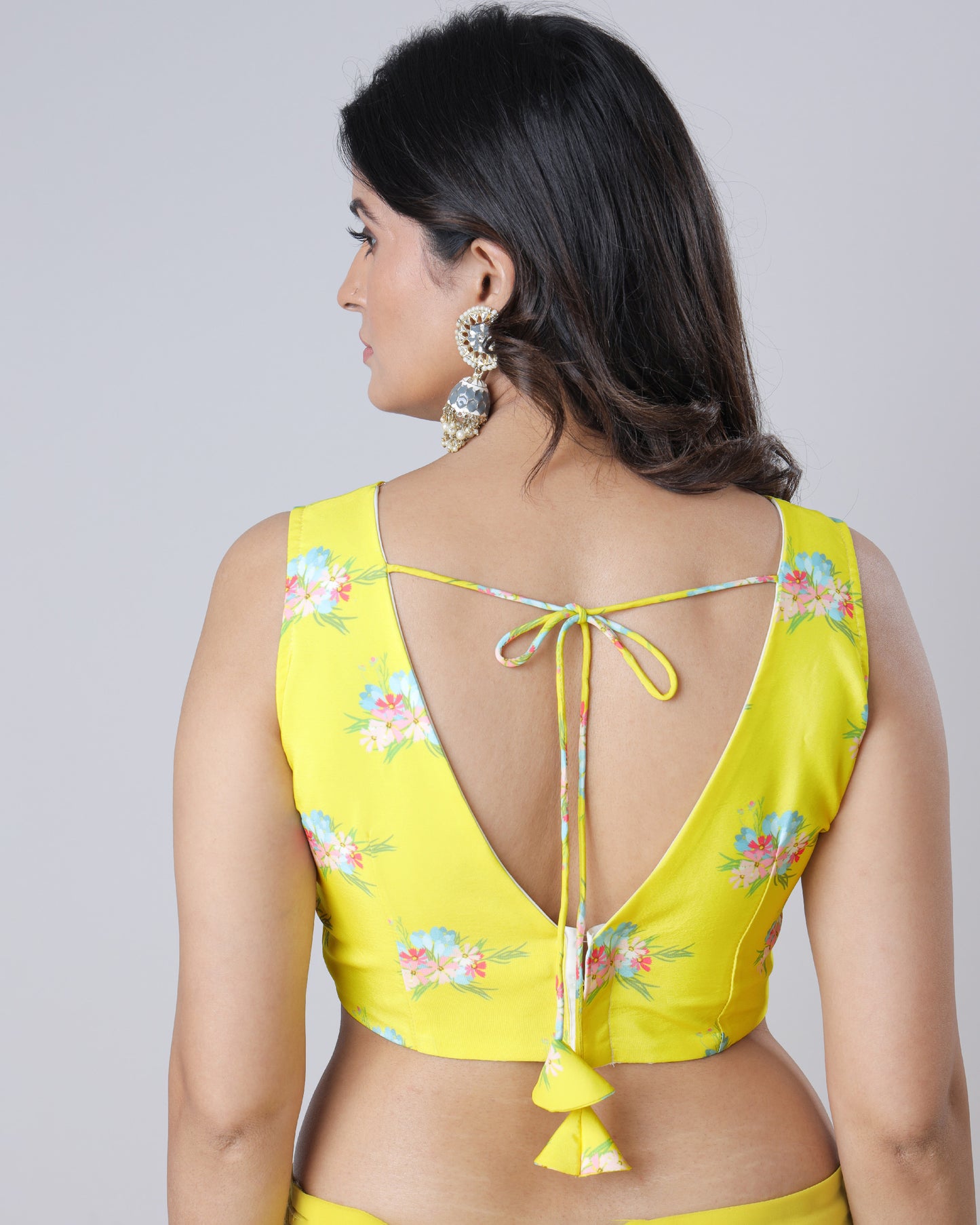 Yellow Floral Sleeveless Laced Silk Blouse