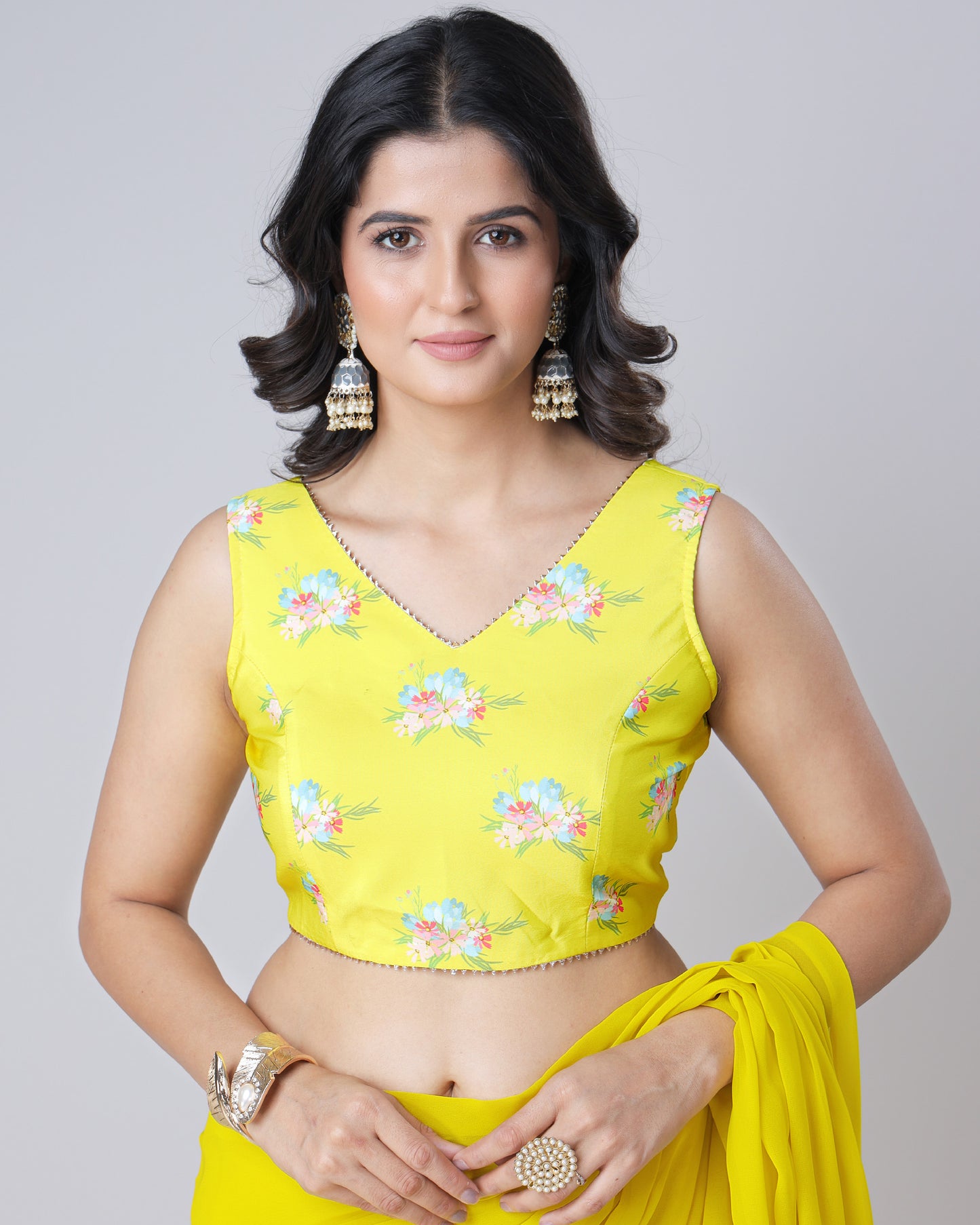 Yellow Floral Sleeveless Laced Silk Blouse