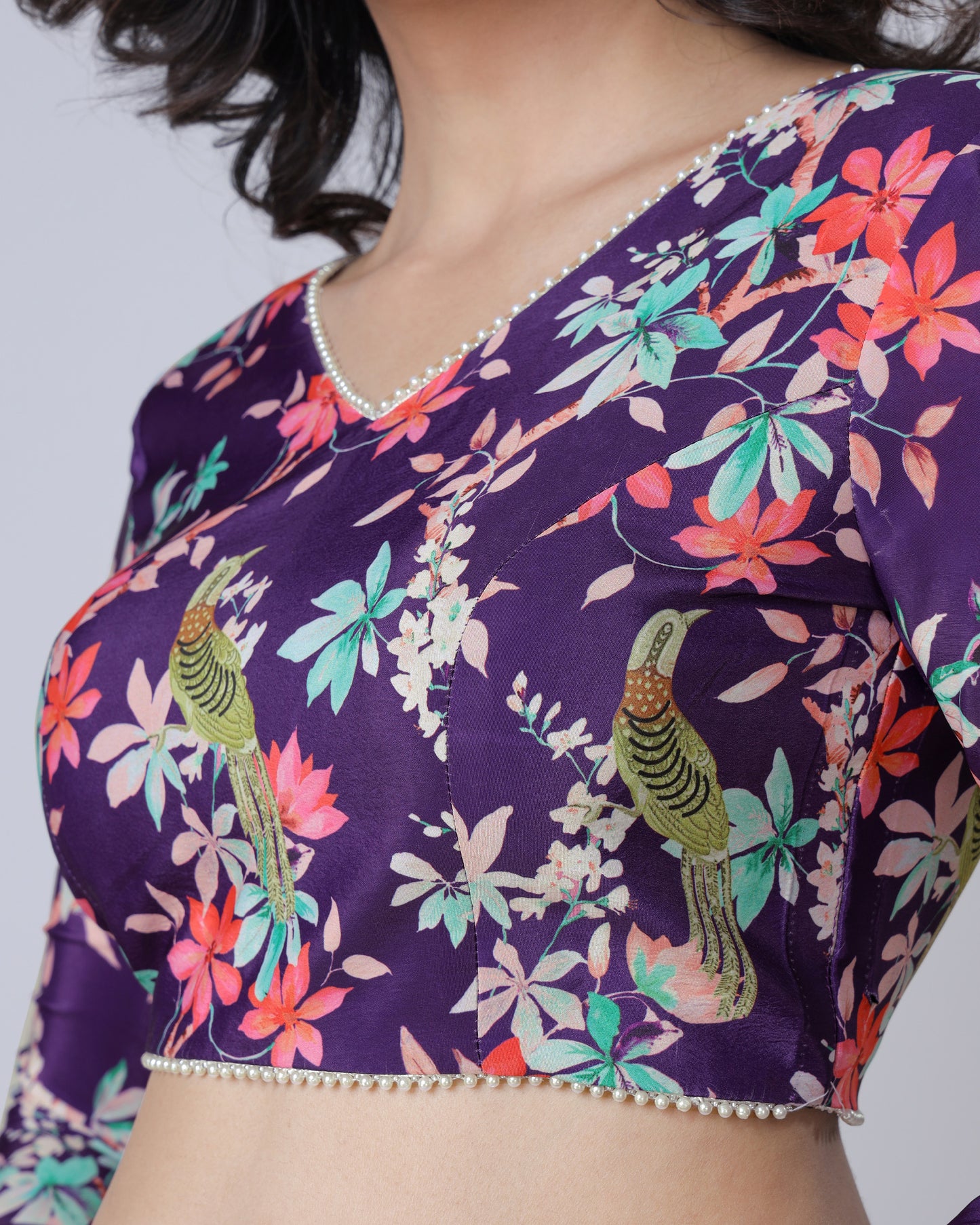 Purple Vintage Floral Full Sleeve Laced Silk Blouse