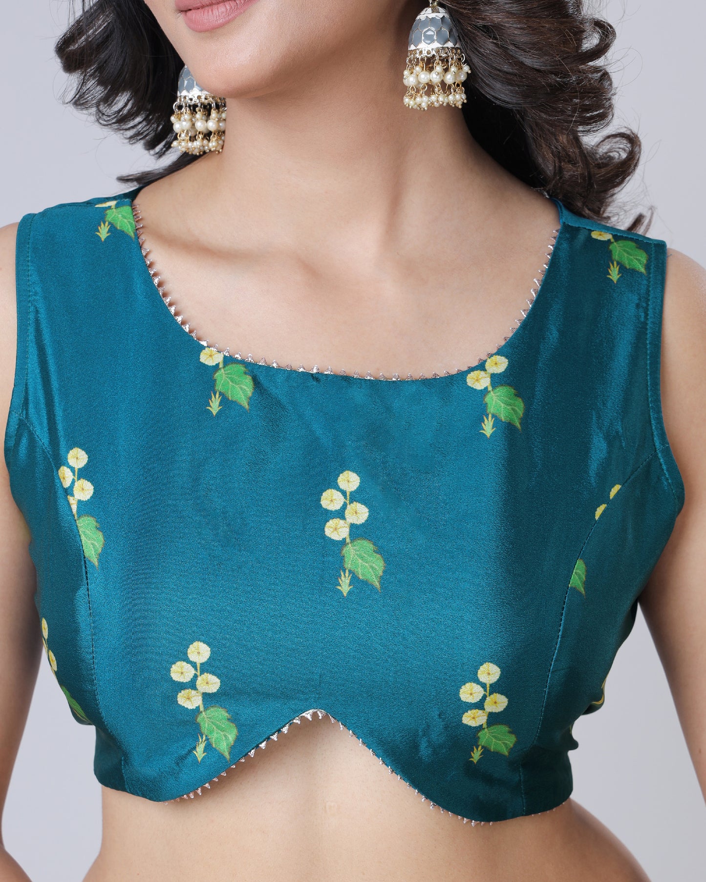 Blue Floral Round Neck Sleeveless Laced Silk Blouse