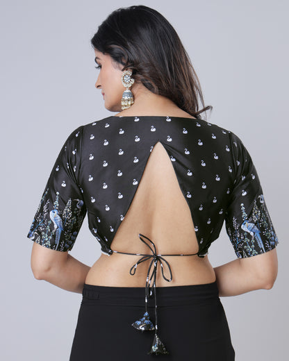 Black Bird Print V Neck Pearl Work Laced Blouse