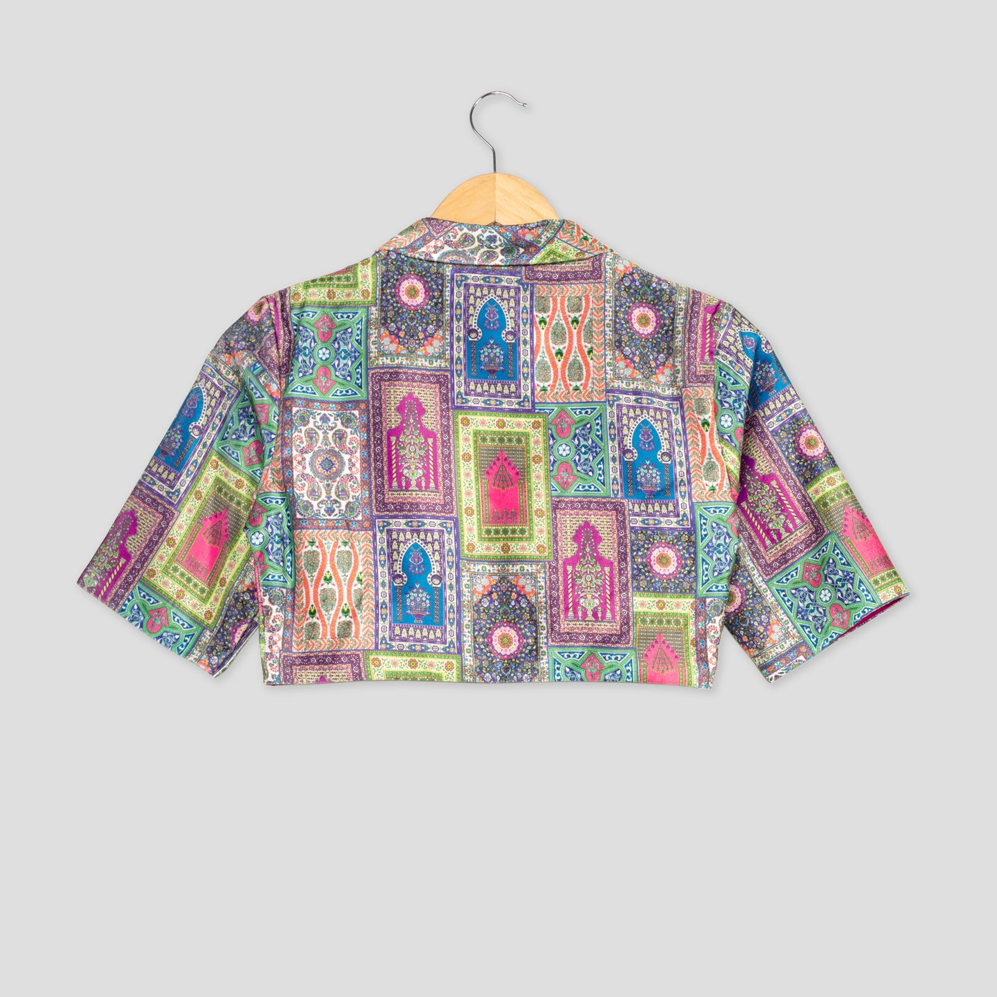 Mugal Print Collar Neck Short Sleeve Velvet Blouse