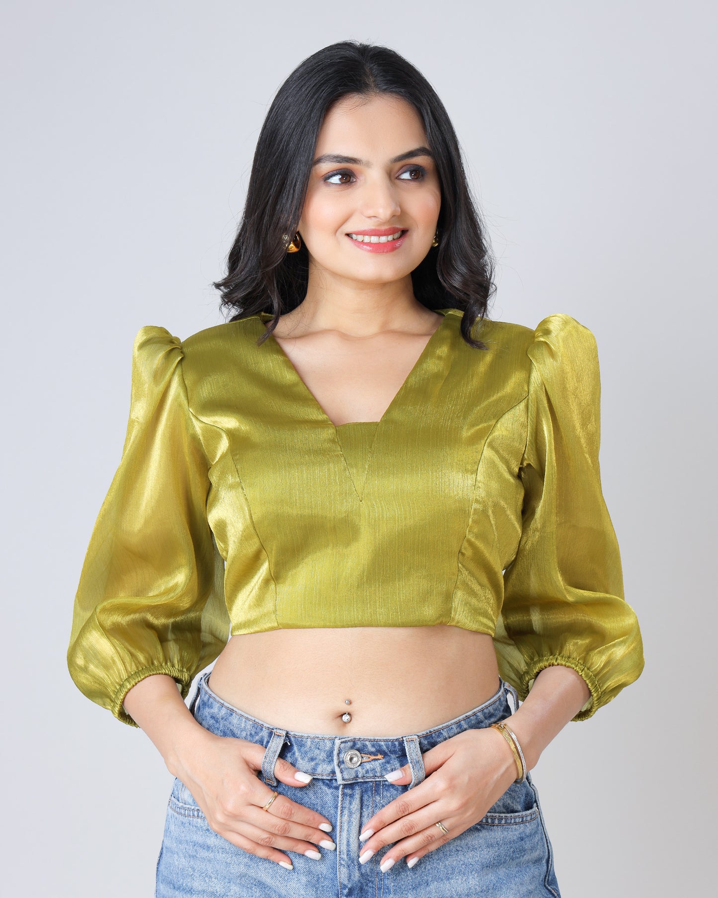 Classic Plain Puff Sleeve Metallic Tissue Blouse