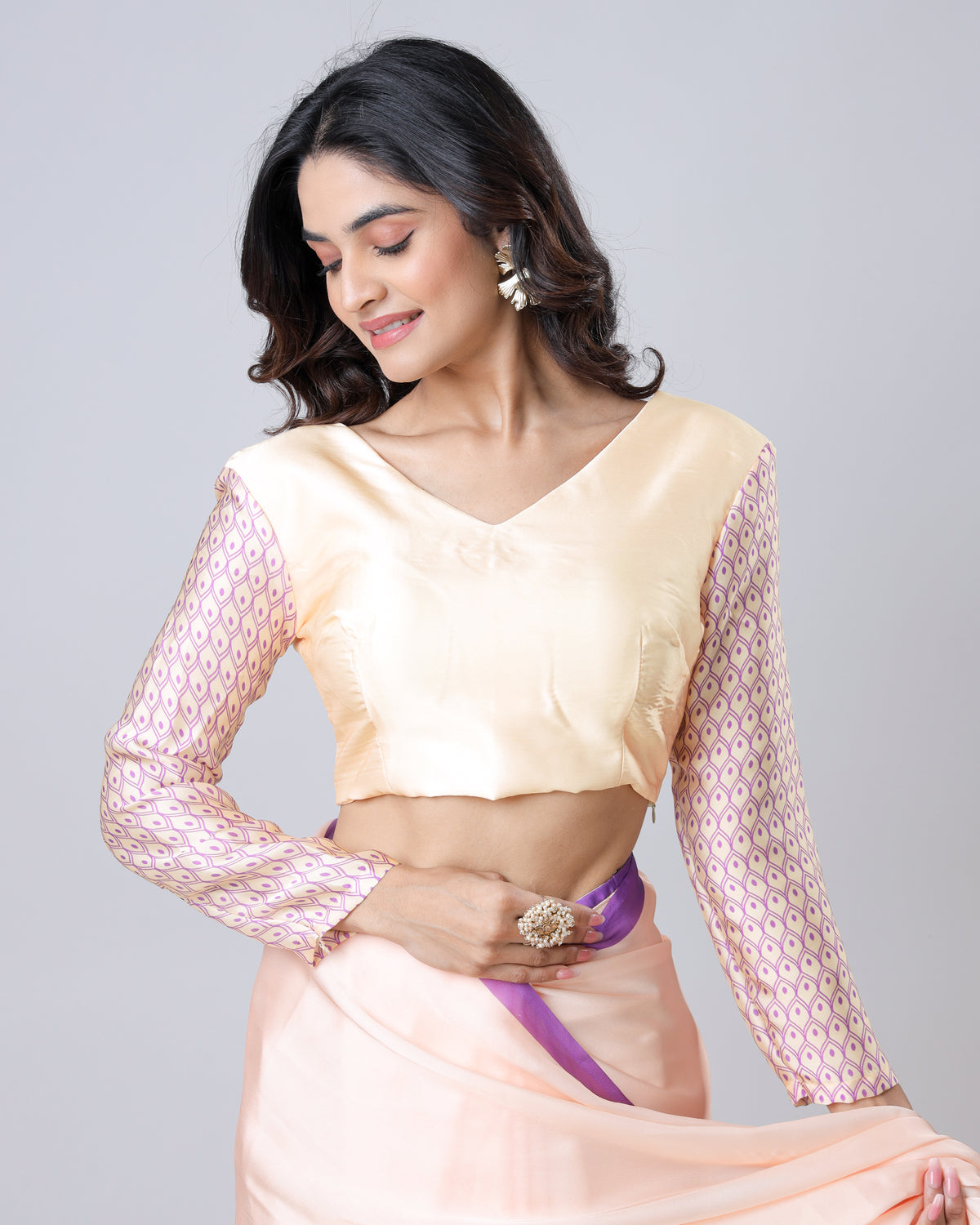 Peach Mandalaa Print Color Block Full Sleeve Satin Blouse