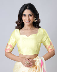 Yellow Placemenet Floral Sleeve Sweetheart Neck Blouse