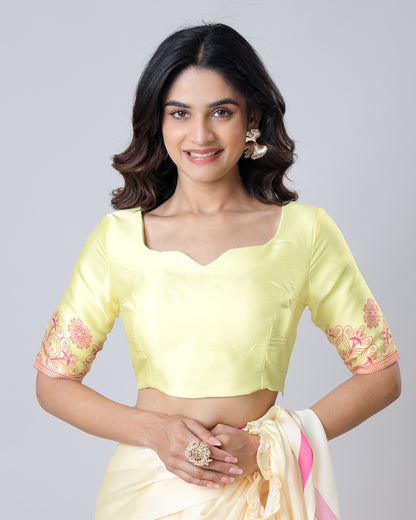 Yellow Placemenet Floral Sleeve Sweetheart Neck Blouse