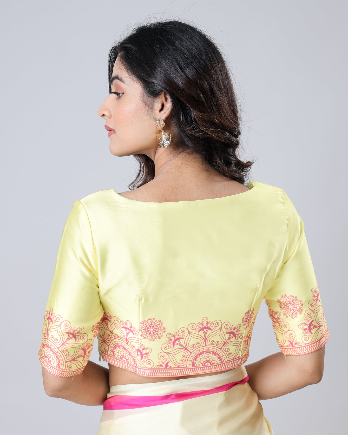 Yellow Placemenet Floral Sleeve Sweetheart Neck Blouse