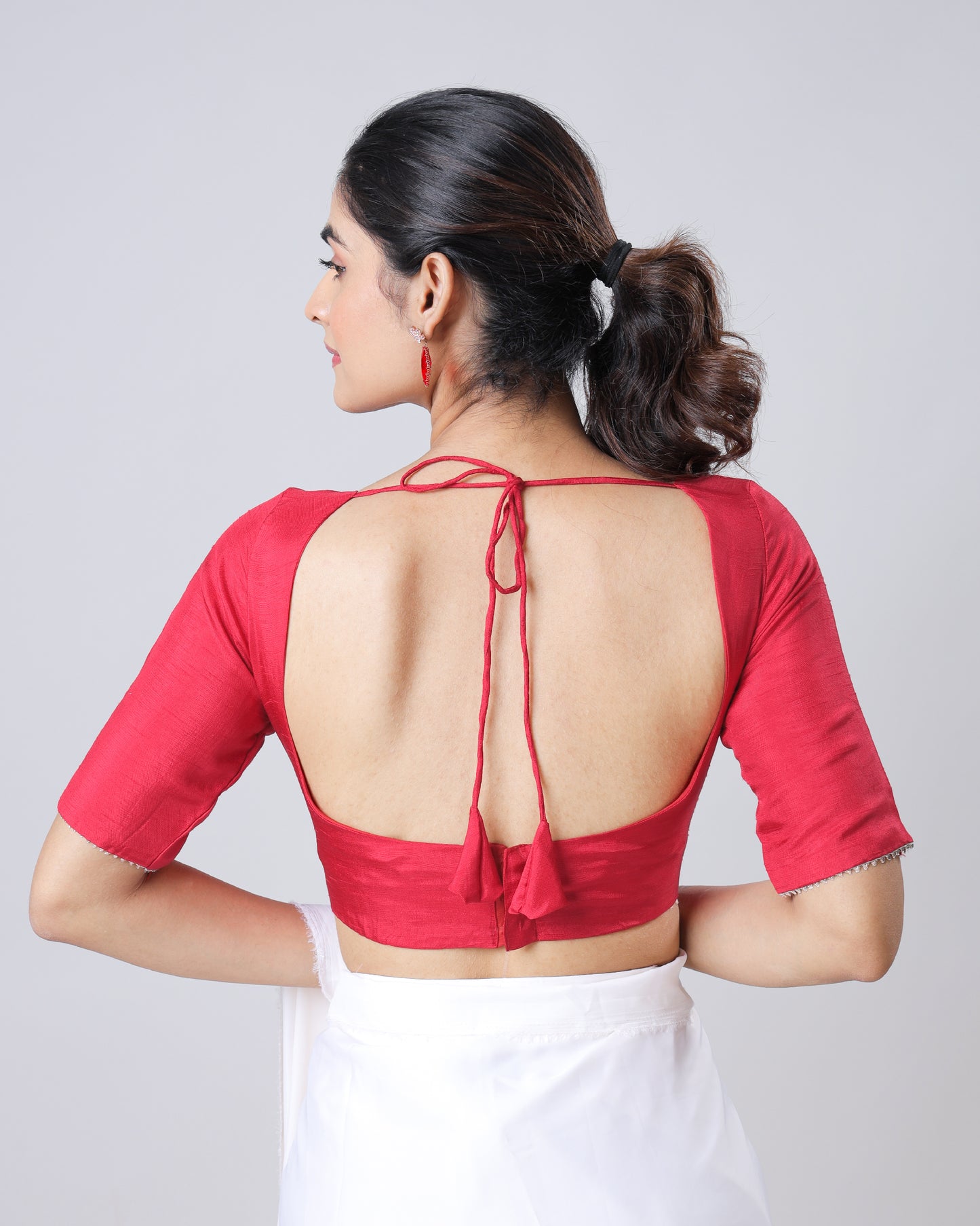 Plain Candy Red Sweet heart Neck Lace Work Blouse