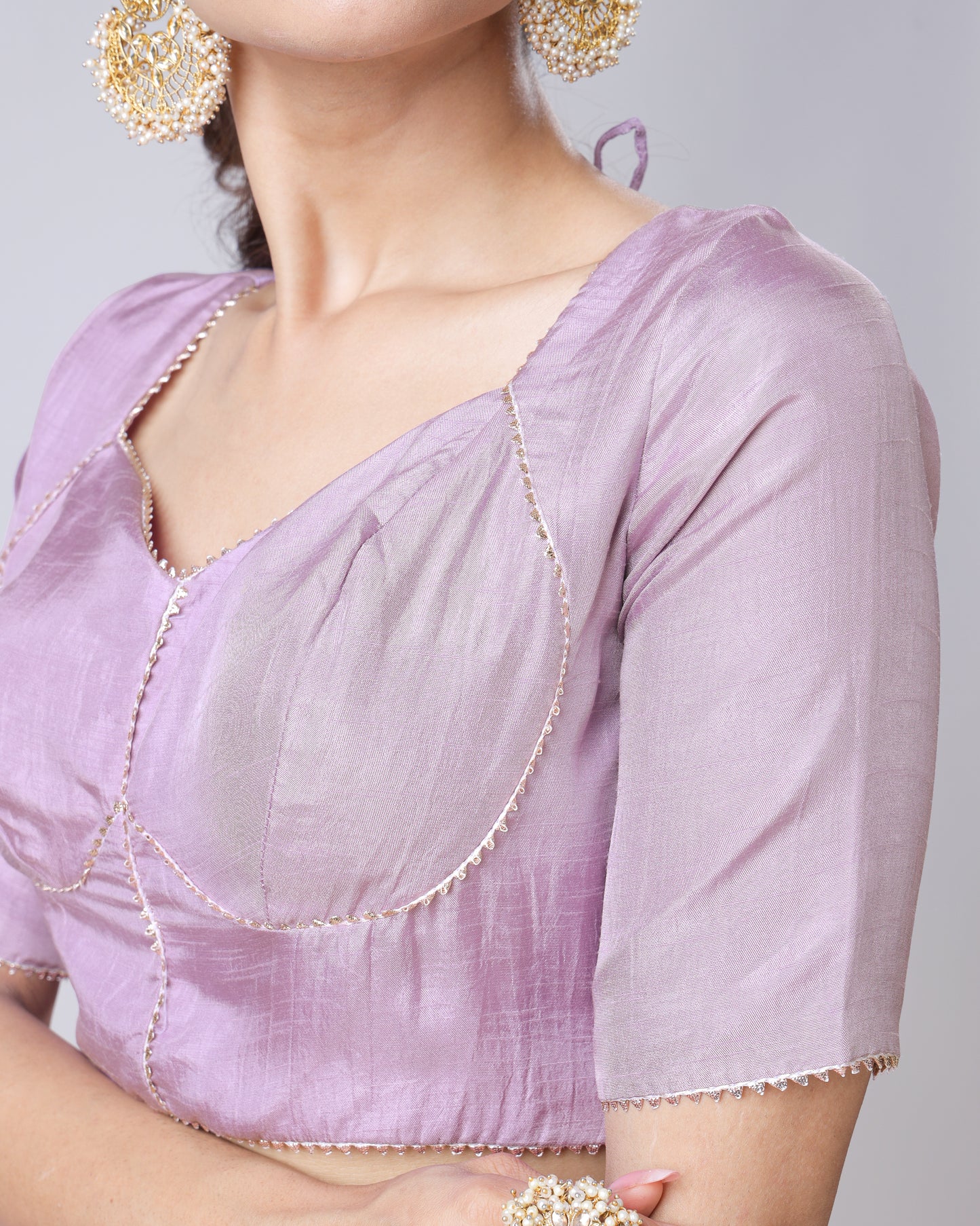 Plain Lavender Sweet heart Neck Lace Work Blouse