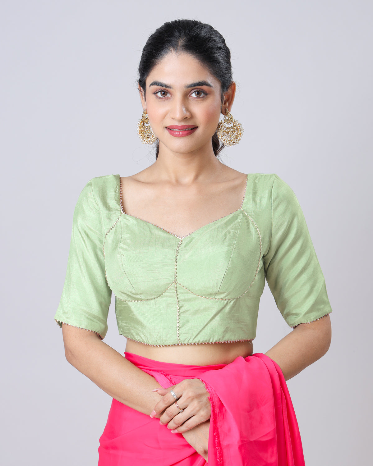 Plain Pastel Green Sweet heart Neck Lace Work Blouse