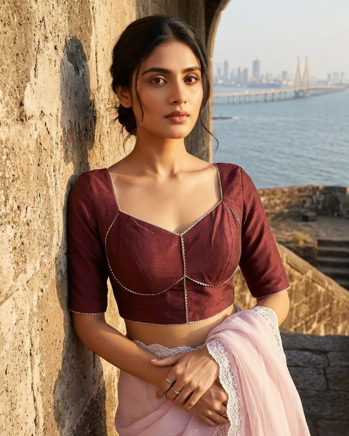 Plain Dark Purple Sweet heart Neck Lace Work Blouse