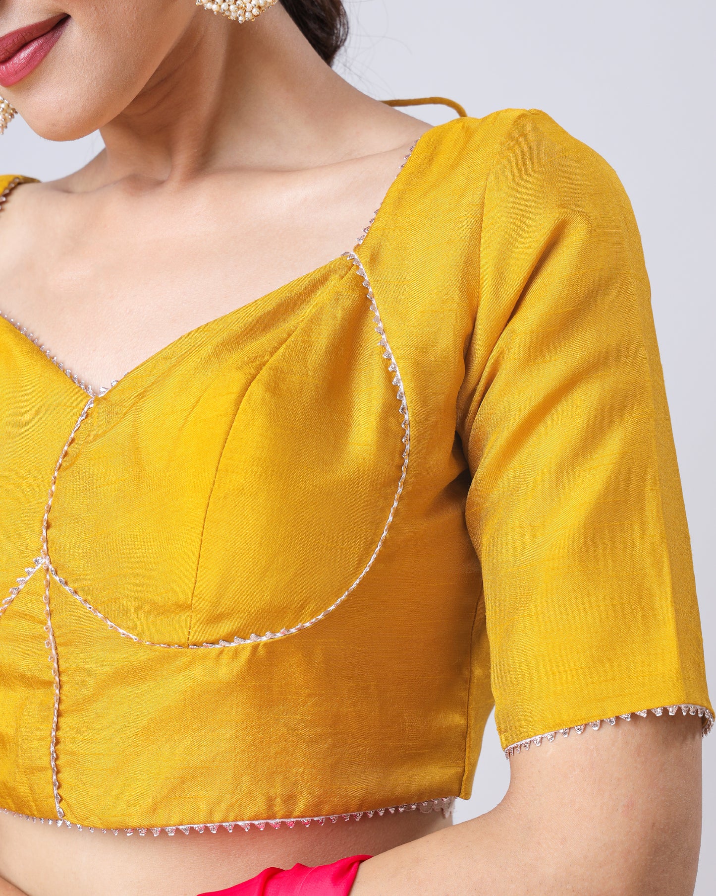 Plain Corn Yellow Sweet heart Neck Lace Work Blouse