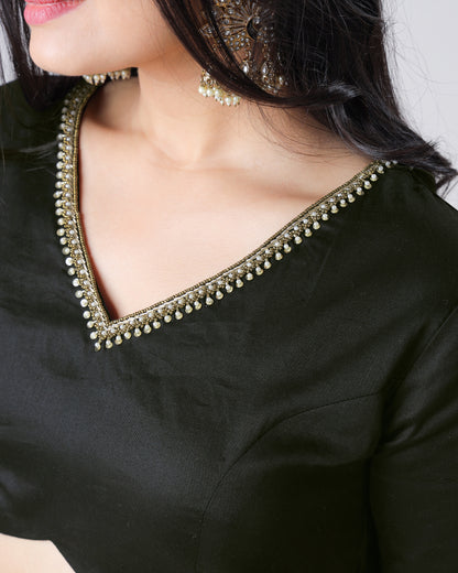 Black Plain Skilled Jardoshi Hand Work V Neck Cotton Blouse