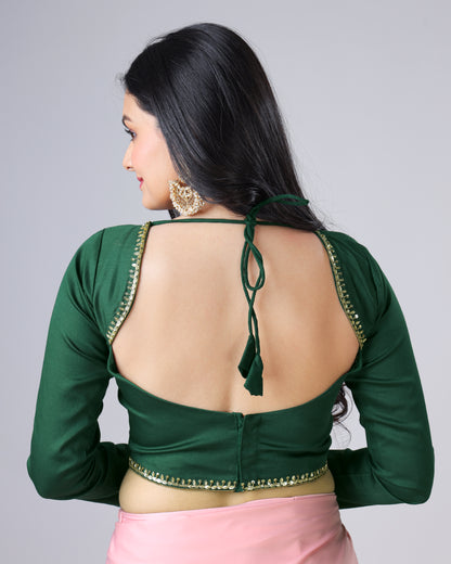 Emerald Green Plain Skilled Leaf Hand Work Cotton Blouse