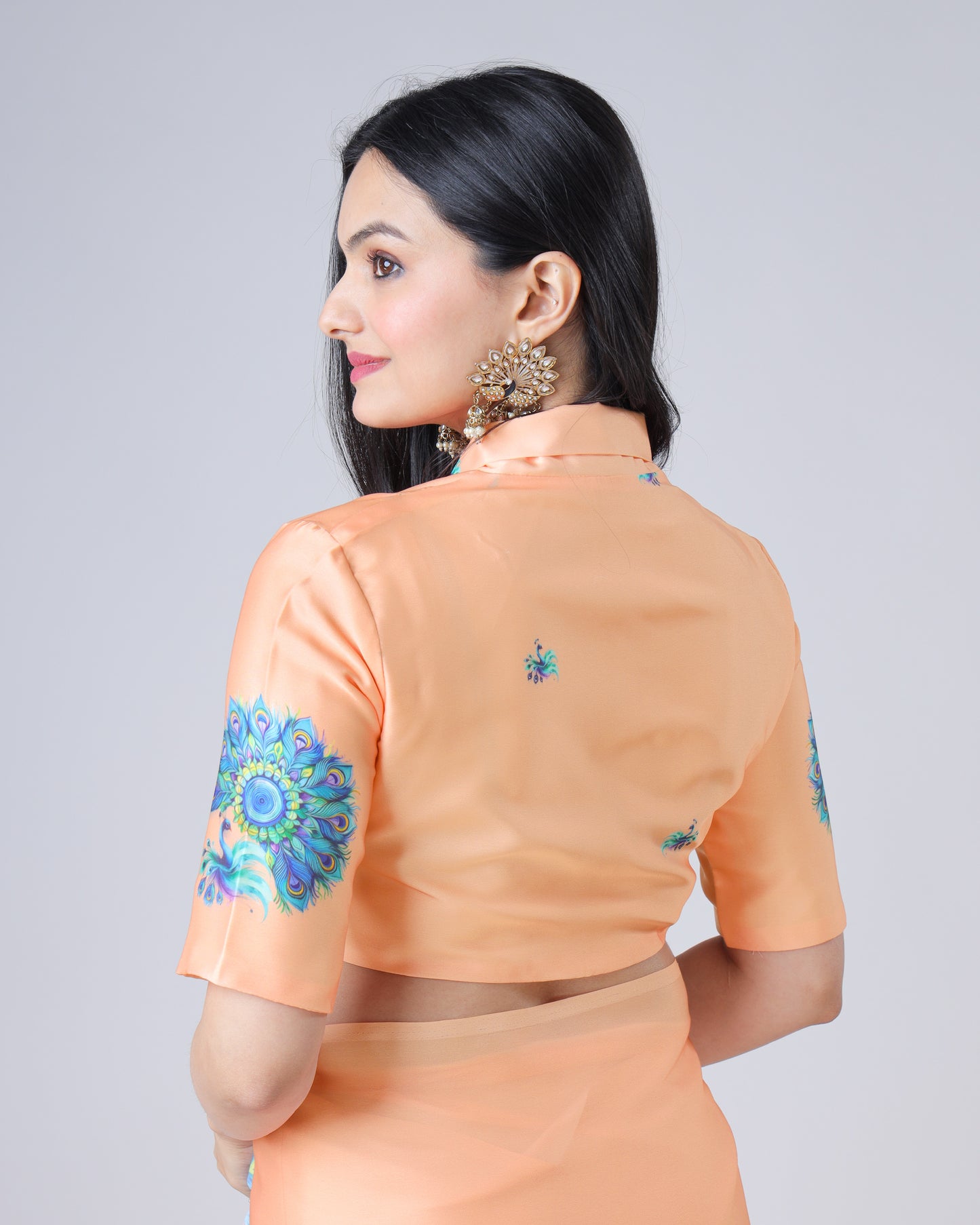 Peach Feather Mandala Print Collar Neck Blouse