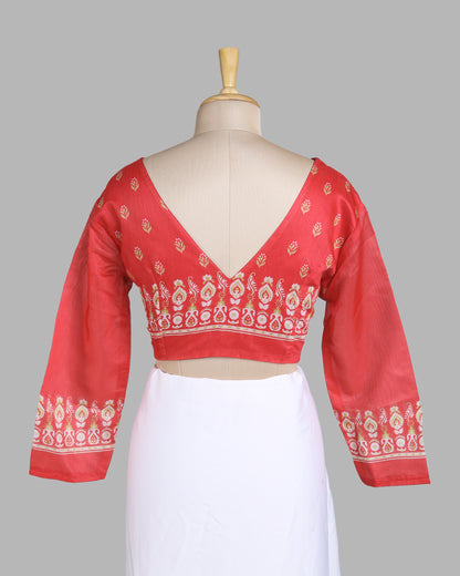 Scarlet Red Vintege Motif Print Chanderi Blouse