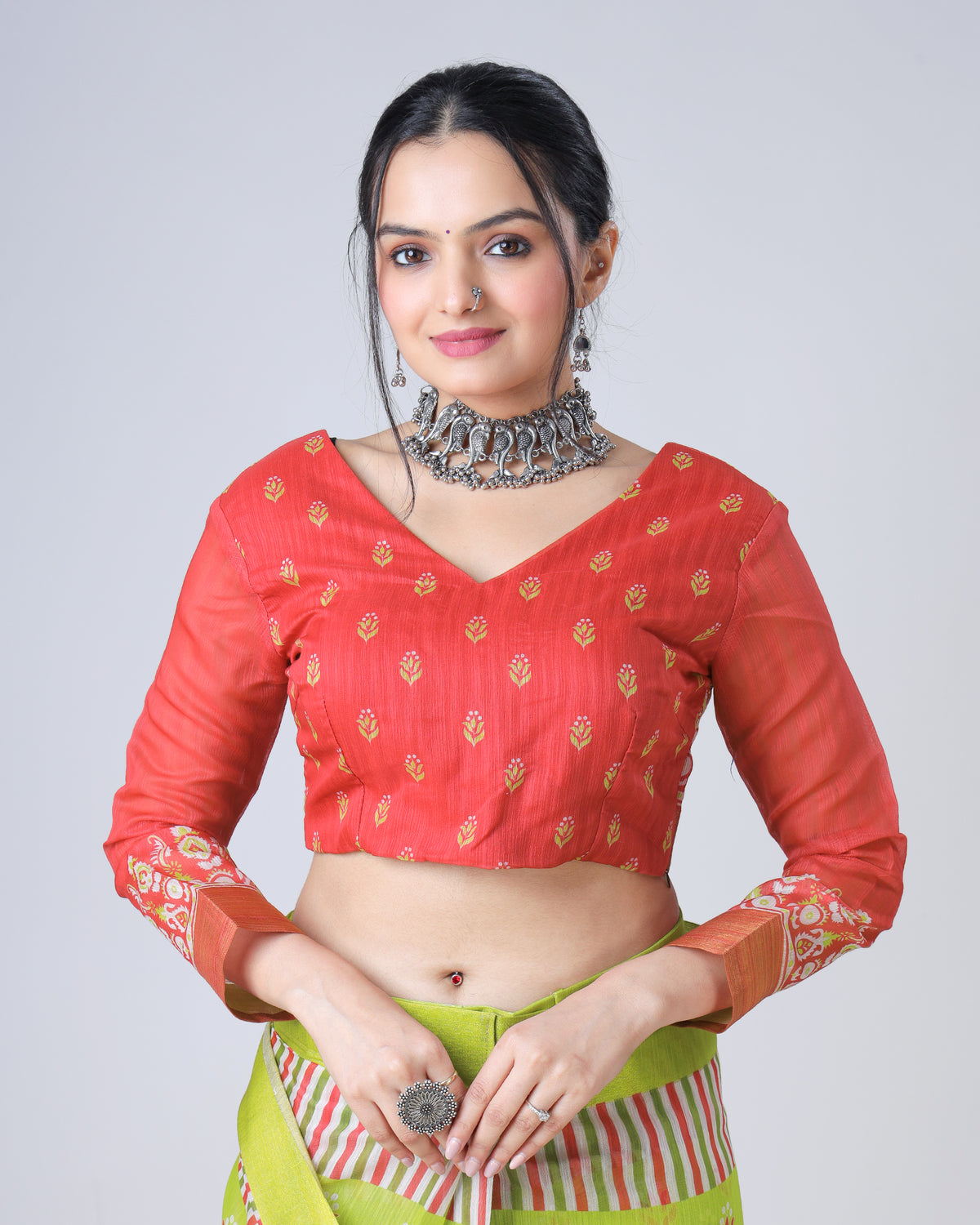 Scarlet Red Vintege Motif Print Chanderi Blouse