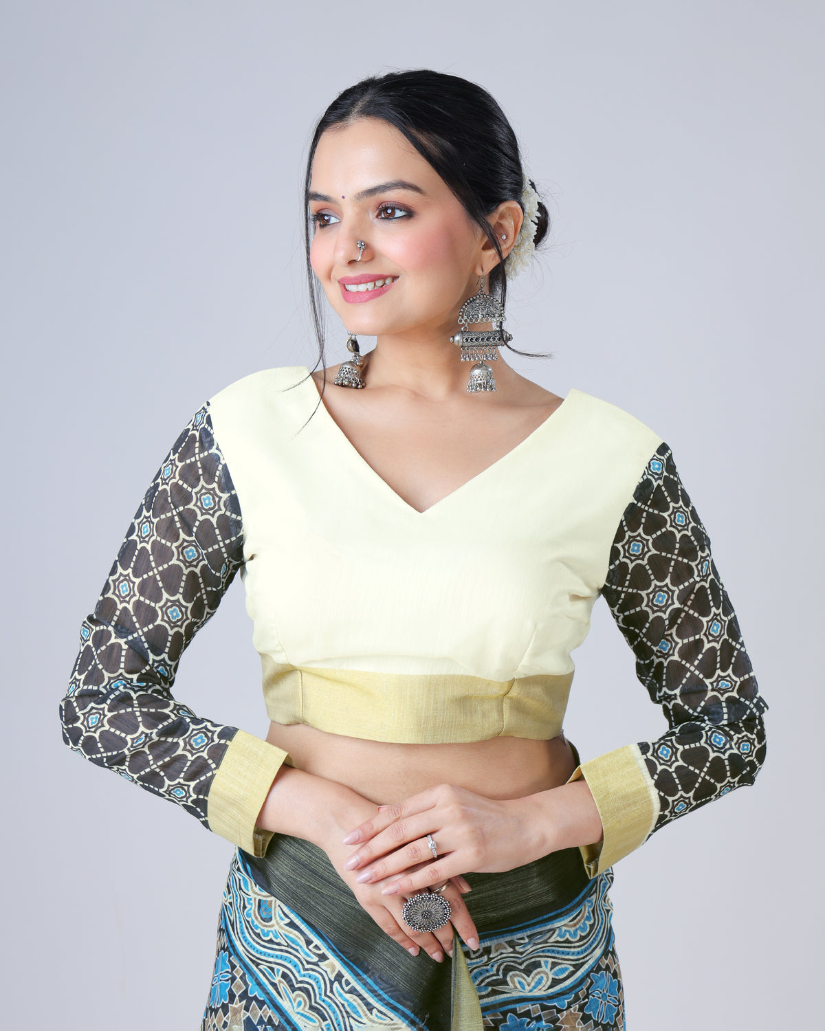 Exclusive Color Block Ajarakh Print Chanderi Blouse