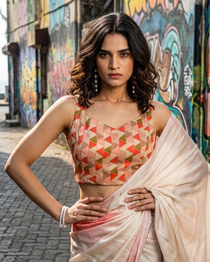 Red And Pink Geometric Sweetheart Neck Sleeveless Blouse