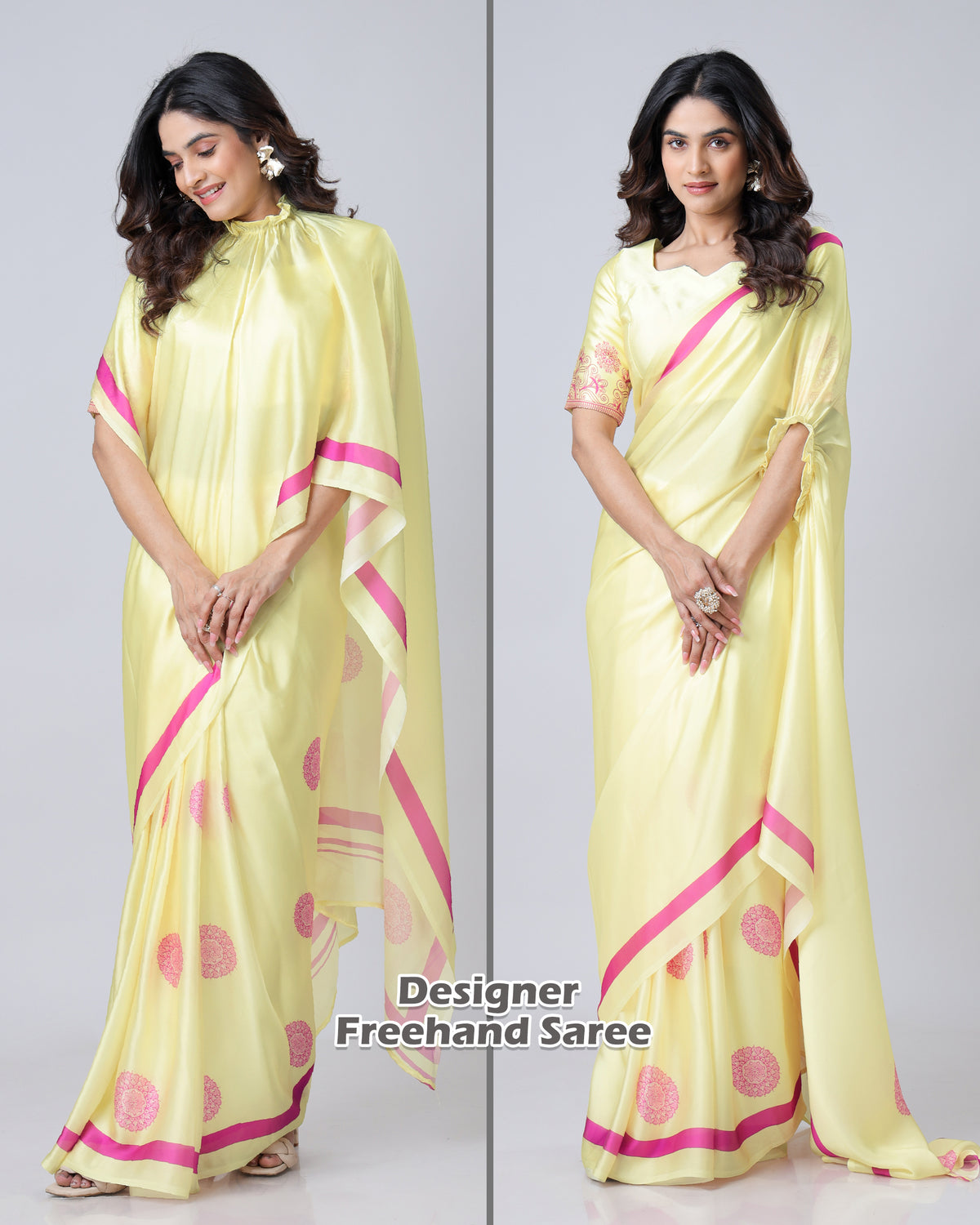 Crayola Yellow Mandalaa Printt Contrast Border Freehand Saree